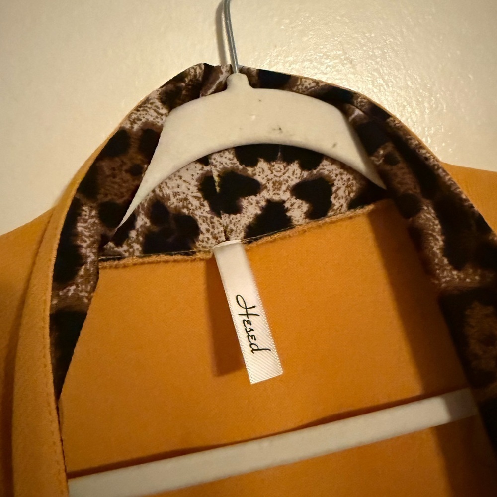 Hesed Mustard Yellow Brown Leopard Trim Open Front Cardigan Blazer Size S - Picture 5 of 6